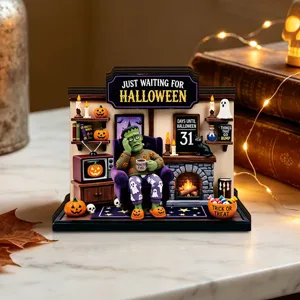 Halloween Frankenstein desktop decoration, spooky wooden light-up tabletop ornament for party.