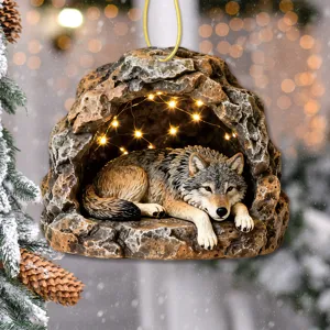 Acrylic wolf cave hanging ornament with fairy lights, winter Christmas tree decoration pendant.