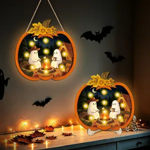 Halloween LED lighted wooden pumpkin hanging sign and desktop ornament set for party decor.