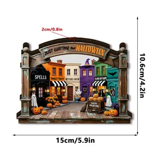 Detailed view of Halloween wooden glowing tabletop ornament with miniature spooky town design.
