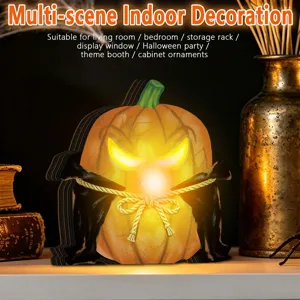 Halloween wooden light-up pumpkin ornament detail, vintage LED tabletop decor for party.
