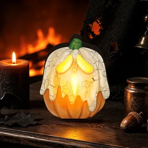 Halloween wooden glowing ghost pumpkin tabletop ornament detail view home holiday decor