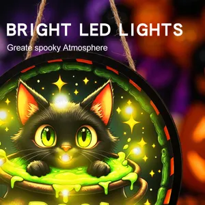 Cartello appeso gatto nero luminoso di Halloween con luci LED decorazione parete dettaglio