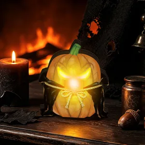 Detailed view of the Halloween wooden glowing ornament, vintage style desktop decoration.