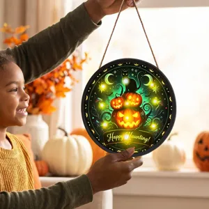 Vista dettagliata della targa sospesa con zucca luminosa di Halloween, ideale per decorare.