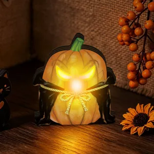 Halloween wooden glowing pumpkin ornament tabletop decoration LED light holiday decor.