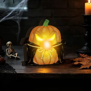 Halloween wooden glowing pumpkin tabletop decoration, vampire cape design, festival party decor.