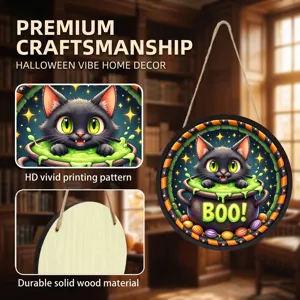 Cartello sospeso in legno gatto nero Halloween decorazione murale festa con corda rustica