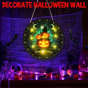 Cartello sospeso zucca luminosa di Halloween, decorazione murale LED gatto per la festa.
