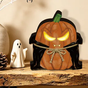 Halloween wooden glowing pumpkin ornament tabletop vintage home decor holiday party display prop.