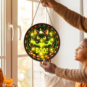 Targa appesa con gatto nero luminoso di Halloween per decorazione murale di festa e regalo.