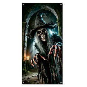Halloween spooky skeleton witch hanging banner gothic door curtain party backdrop decor.