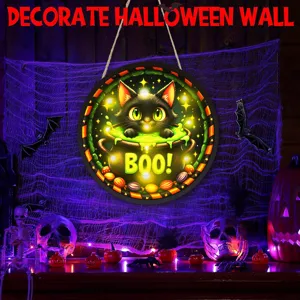 Segno appeso di gatto nero luminoso di Halloween, decorazione murale a LED festiva.