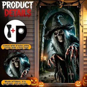 Halloween door banner spooky skeleton witch backdrop with hanging rope and washable fabric