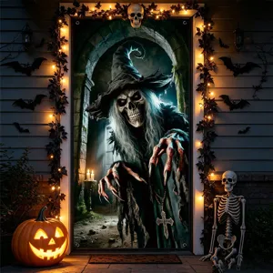 Halloween Door Curtain Banner Horror Skeleton Witch Backdrop Party Hanging Decoration Polyester Fabric Holiday Decor