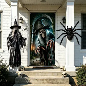Halloween door banner decoration spooky witch skeleton fabric curtain for holiday party props.
