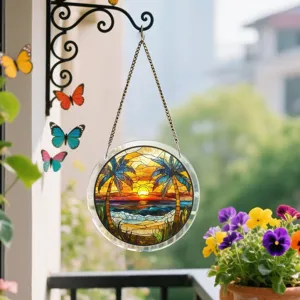 Attrape-soleil en acrylique style vitrail coucher de soleil tropical palmier suspension.
