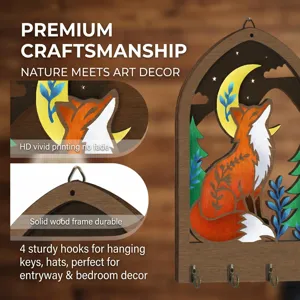 Detailed view of wooden fox key holder with durable solid wood frame and sturdy hooks.