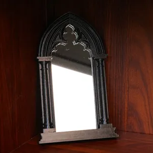 Gothic arched window decorative mirror, vintage black frame tabletop home ornament.