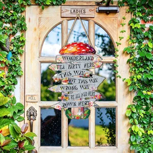 Panneau suspendu en bois Alice au pays des merveilles, deco de porte champignon.