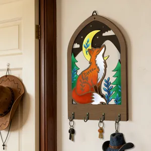 Wooden wall mounted key holder with cute fox moon design, rustic home decor wall organizer.