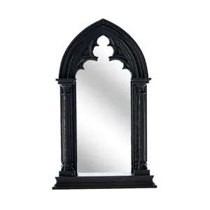 Gothic arched window mirror detail view, vintage black resin decorative wall hanging frame