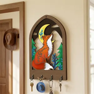 Wooden wall-mounted key holder featuring a creative fox and moon design for home decor.