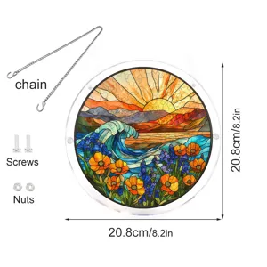 Pendentif attrape-soleil puzzle acrylique rond avec chaîne vis écrous paysage 20.8cm