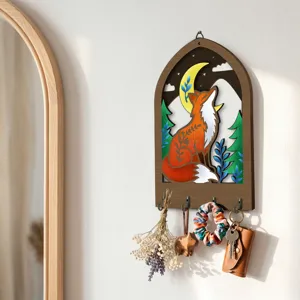 Bohemian wooden key holder wall decor with cute fox design and four sturdy hooks.