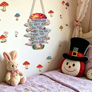 Panneau suspendu en bois Alice au pays des merveilles, décoration de fête flèche champignon.