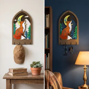Wooden wall key holder with cute fox design, perfect for home entryway and wall decor.