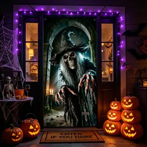 Halloween door banner spooky witch fabric curtain detail view for holiday party decoration.