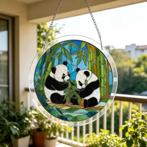 Detailed view of the acrylic panda suncatcher hanging on the balcony, vibrant stained glass design.