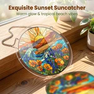 Vue détaillée du capteur de soleil en acrylique rond avec un magnifique coucher de soleil.