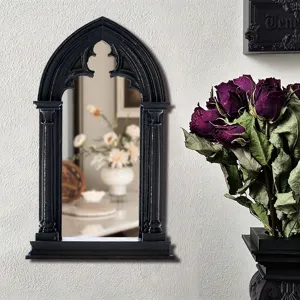 Gothic arched wall mirror 3D decorative false window black vintage home decor detail view