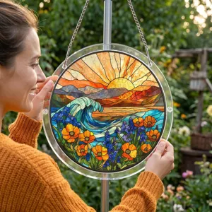 Pendentif puzzle attrape-soleil en verre acrylique colore avec motif de coucher de soleil