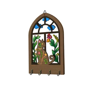 Bohemian wooden key holder for wall decor, arched window cat design with 4 metal hooks.