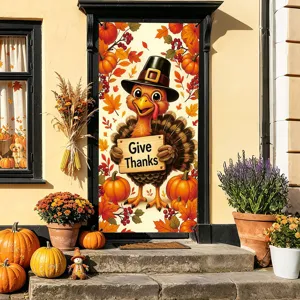 Thanksgiving Turkey Door Curtain Fabric Pumpkin Maple Leaf Holiday Decor Hanging Banner