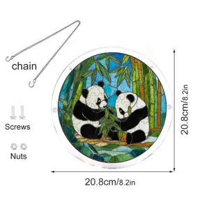 Detail view of the round acrylic panda suncatcher showing accessories, chain, and dimensions.
