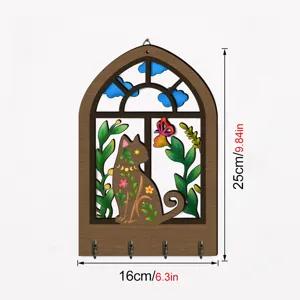 Bohemian wooden key holder wall decor with cute cat design, arched window and four metal hooks.