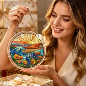 Attrape-soleil en acrylique avec design de vague et coucher de soleil, belle déco fenêtre.
