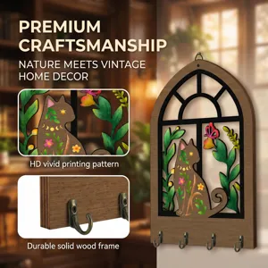 Close-up detail view of the wooden key holder featuring vivid cat print and solid wood frame.