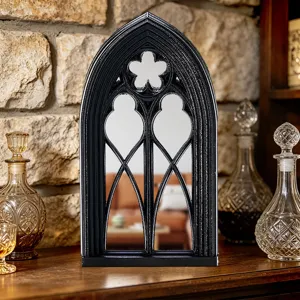 Gothic arch window mirror ornament for home decor, vintage black tabletop wall mirror display.