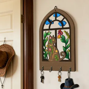 Bohemian wooden key holder wall mount with cat and window design, 4 hooks for home decor.