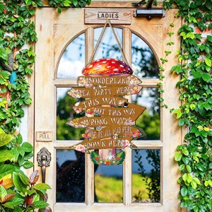 Pancarte suspendue en bois Alice au pays des merveilles détail déco champignon.