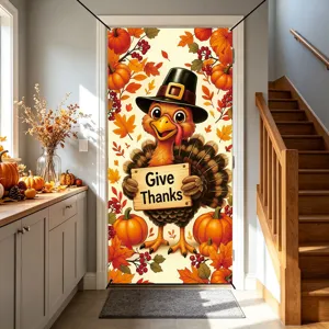 Thanksgiving pumpkin turkey door curtain fabric holiday home decor banner decoration detail view.