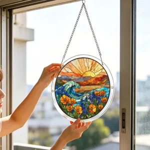 Décoration suspendue attrape-soleil puzzle acrylique rond motif vague mer et coucher soleil