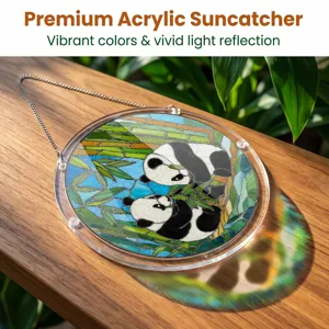 Acrylic panda suncatcher window hanging with vibrant stained glass design and chain.