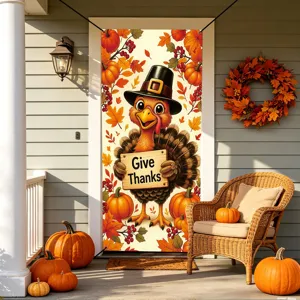Thanksgiving turkey door banner autumn pumpkin porch hanging fabric curtain detail view