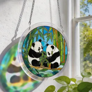 Stained glass style panda acrylic suncatcher hanging ornament for window home decor display.